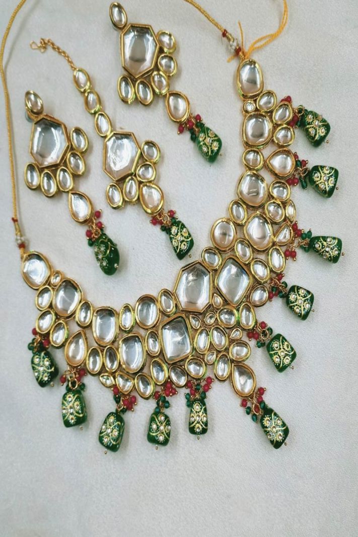 Ethnic Necklace Set In Dark Green Color With Stone Work