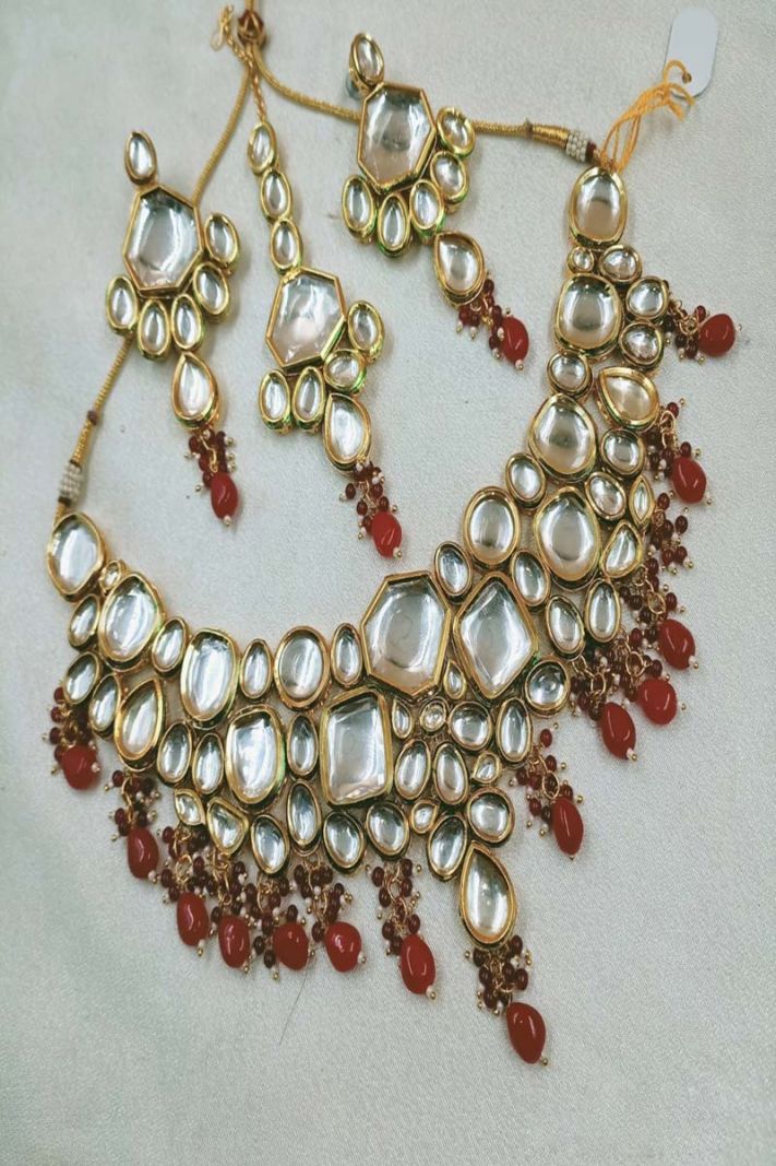 Ethnic Necklace Set In Red Color With Stone Work