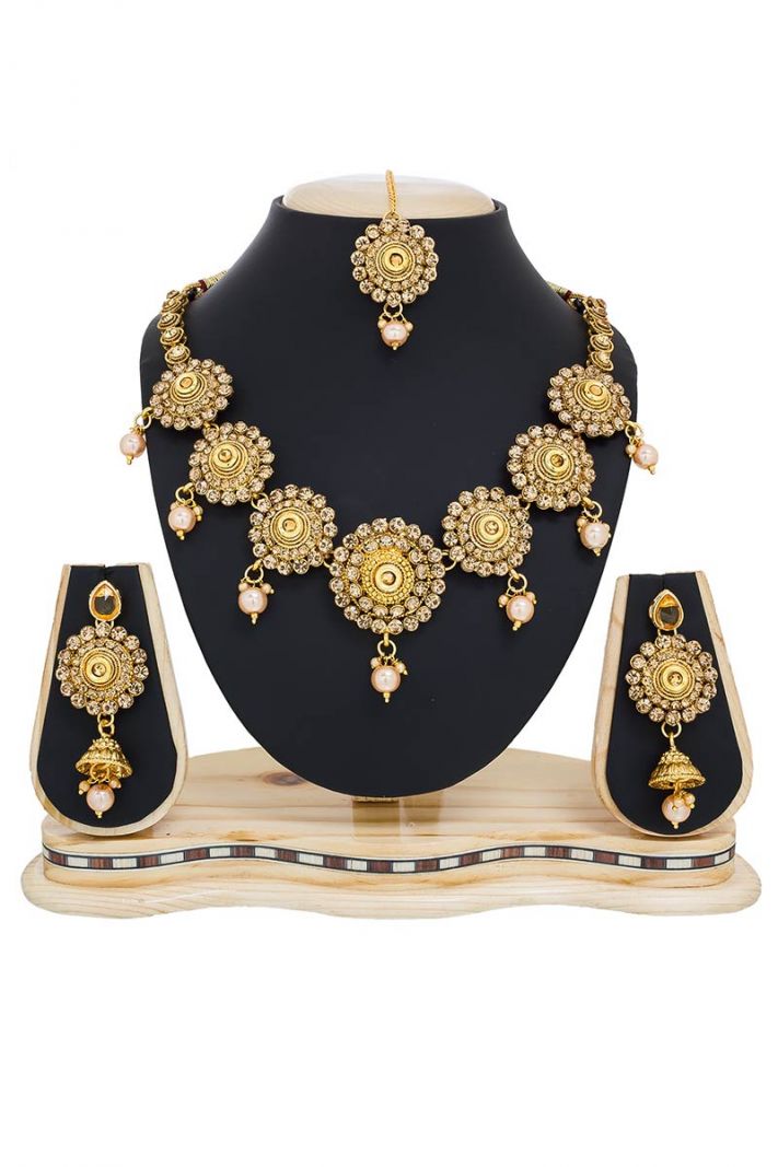Golden Color Necklace Set In Mix Metal With Stone Work For Women