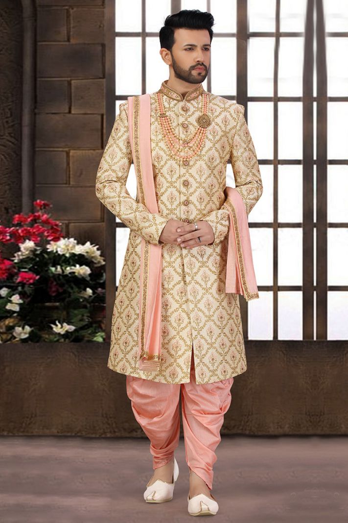 Golden Designing Art Silk Party Wear Sherwani with Dupatta