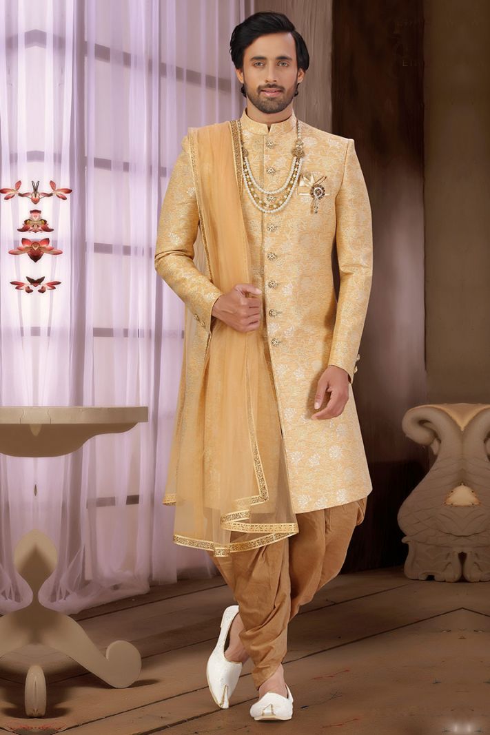 Golden Designing Art Silk Party Wear Sherwani with Net Dupatta