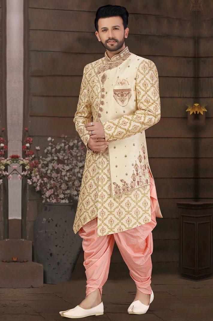 Golden Designing Art Silk Party Wear Sherwani with Peach Dhoti