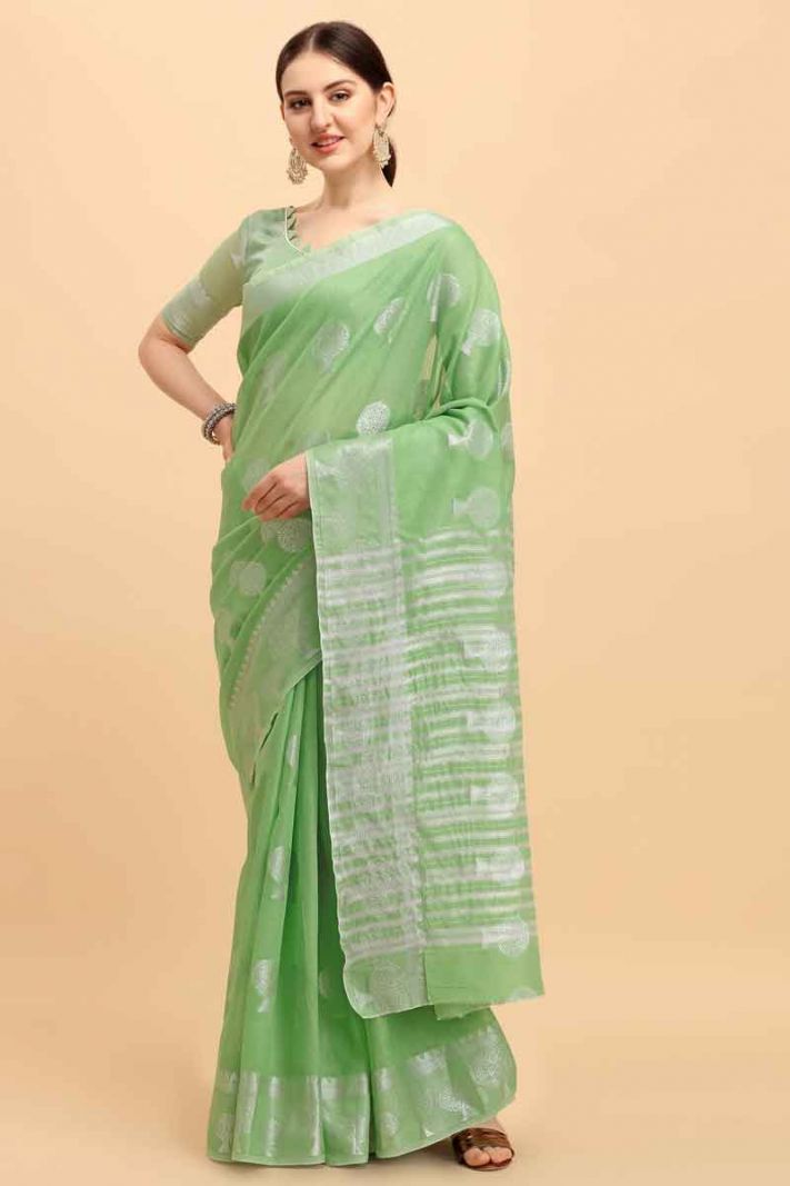 Green Banarasi Cotton Saree With Wevon Silver Jari