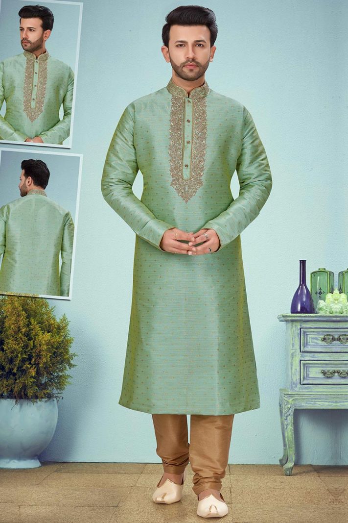 Green Banarasi Jacquard and Brown Pajama For Diwali