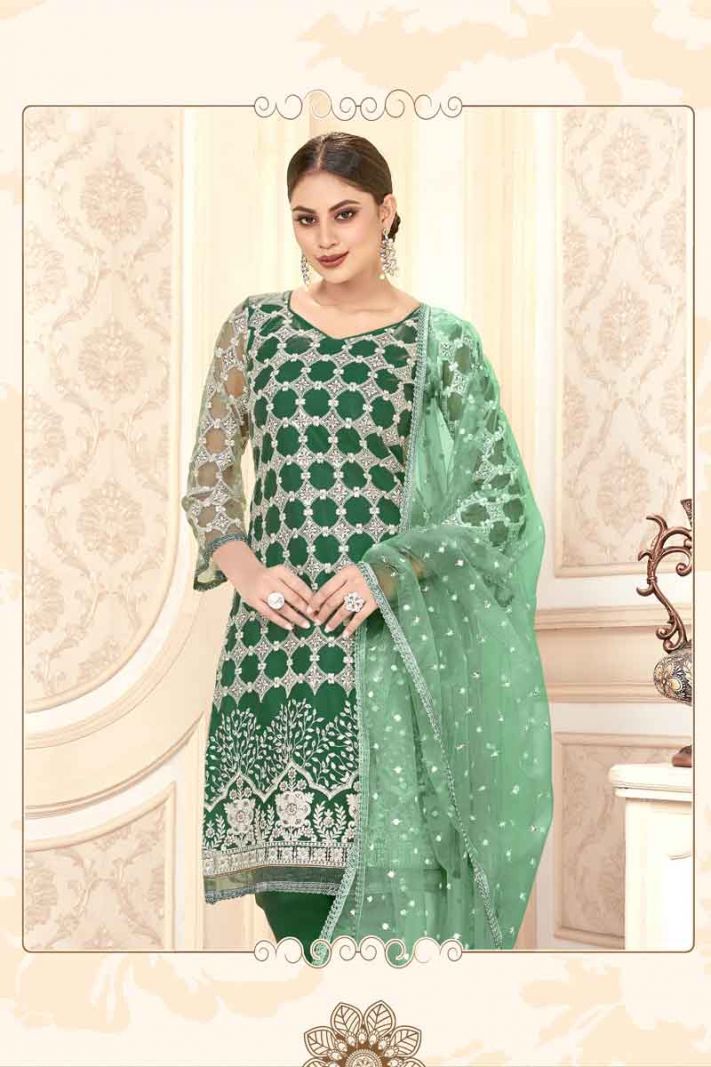 Green Butterfly Net Designer Straight Suit With Heavy Embroidery