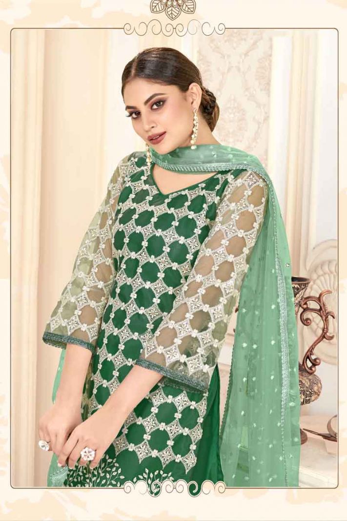Green Butterfly Net Designer Straight Suit With Heavy Embroidery