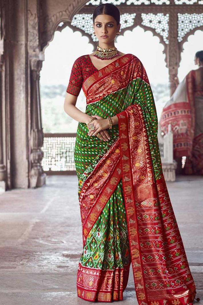 Green Colour Patola Silk Saree and Red Blouse