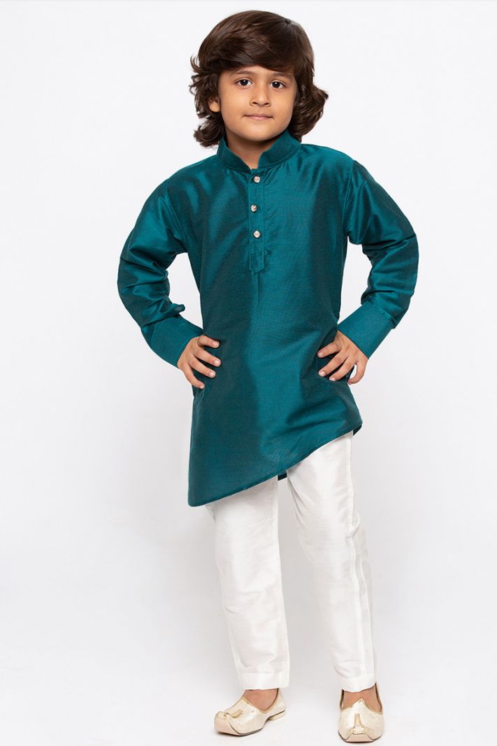 Green Cotton Silk Kurta and White Pajama For Diwali