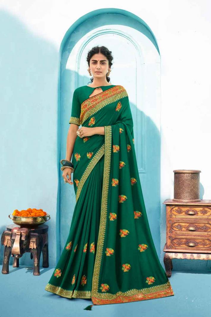 Green Silk Saree With Thread Embroidery