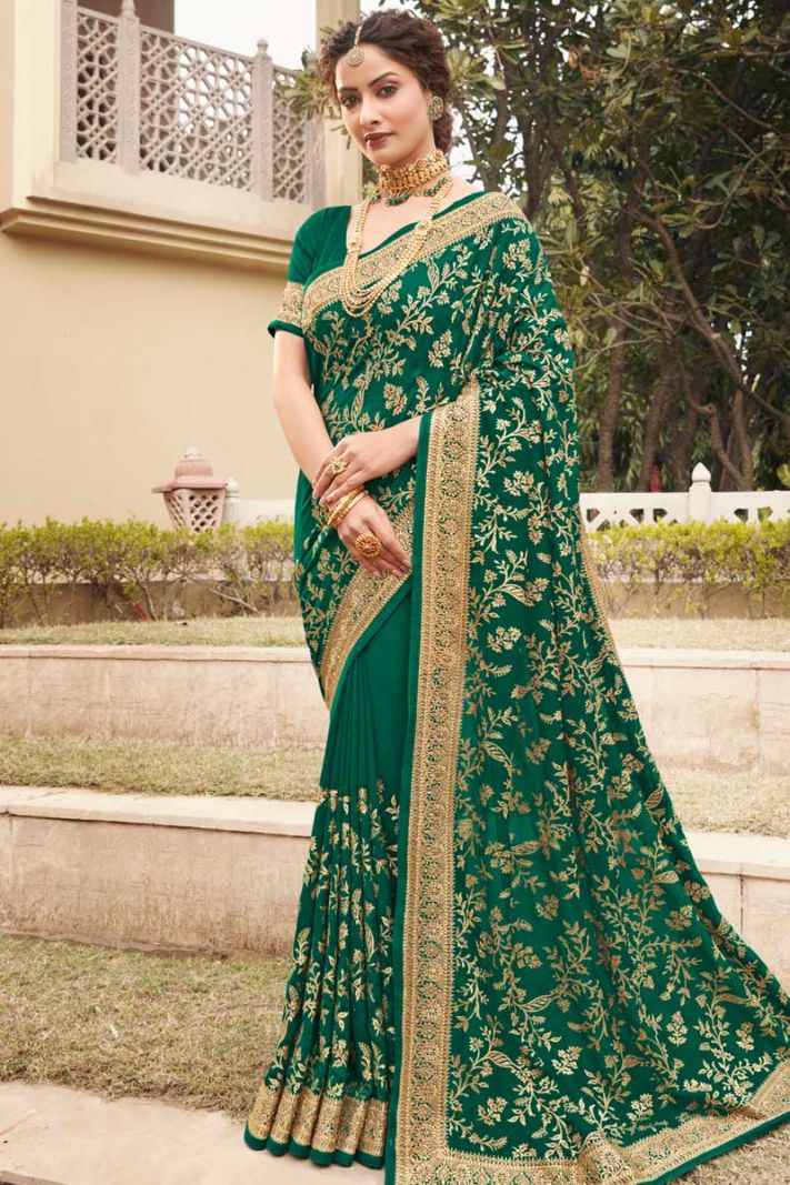 Green Vichitra Silk Saree with Heavy Zari Work