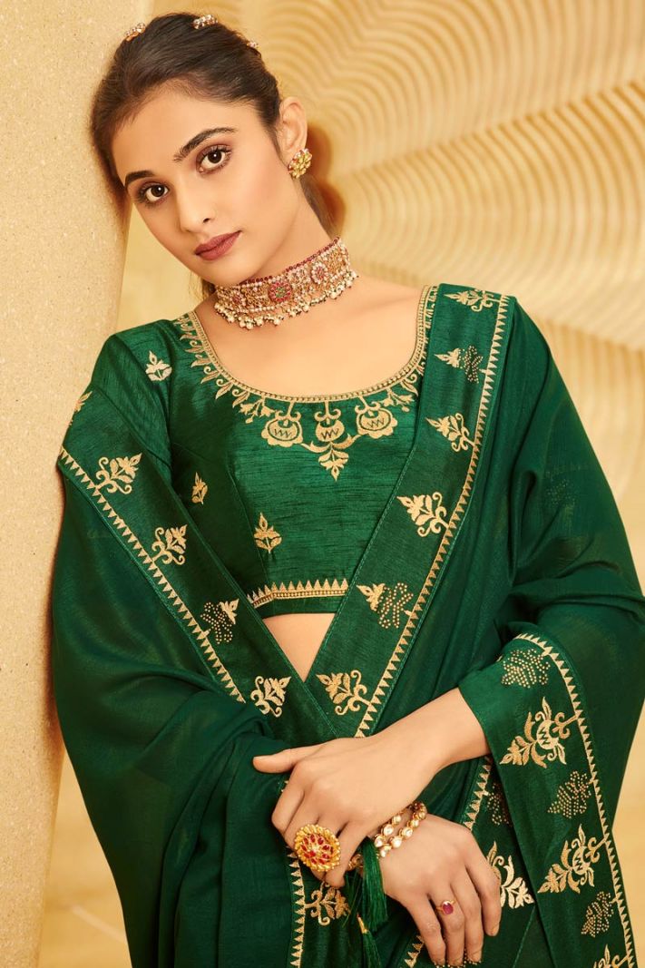 Green Vichitra Silk Saree with Phantom Silk Blouse