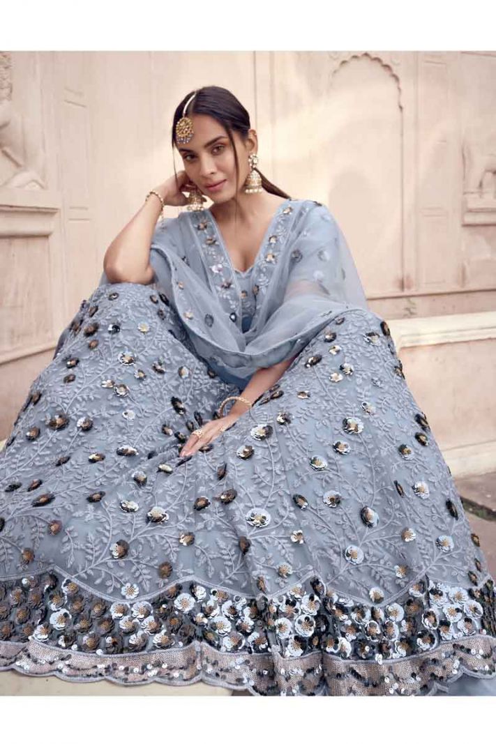 Grey Soft Net Heavy Designer Lehenga Choli With Thread Embroidery