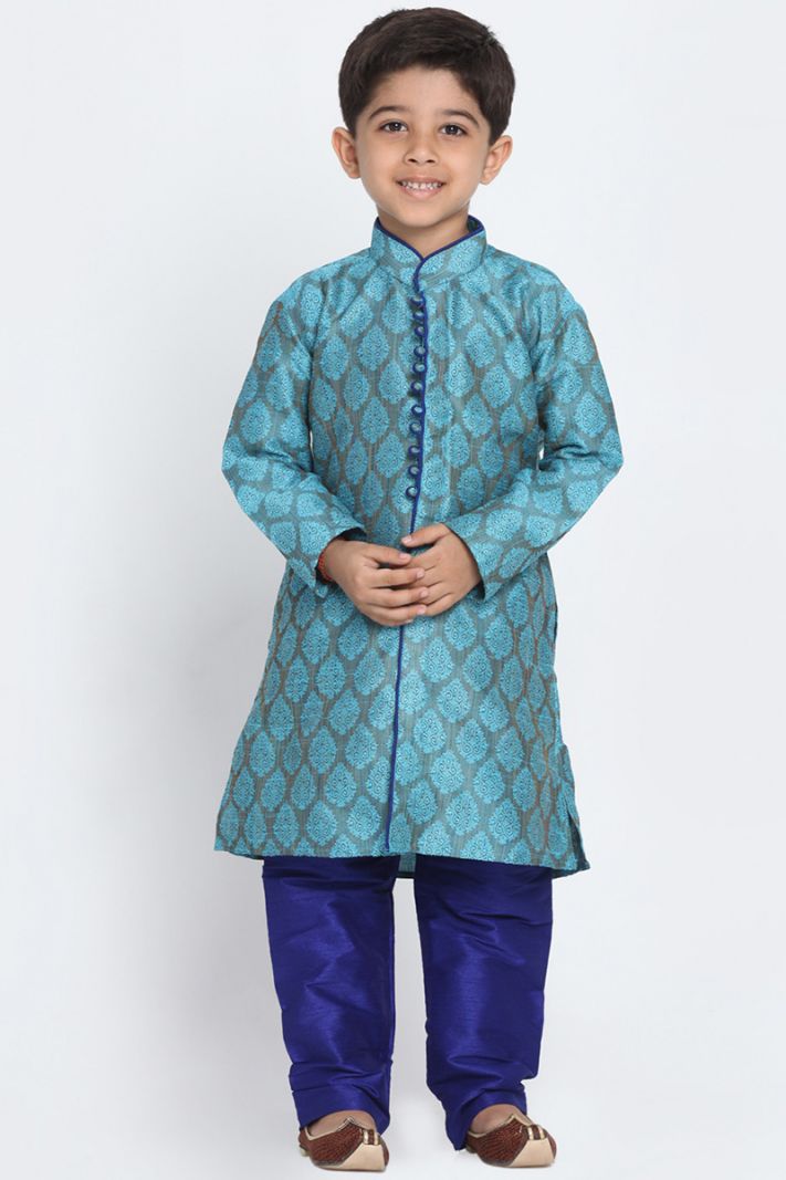 Light Blue Cotton Silk Blend Kurta and Blue Pajama For Diwali