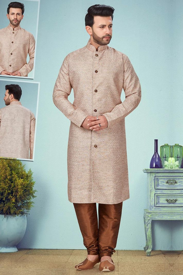 Light Brown Khadi Cotton Silk Kurta Pajama Set For Diwali