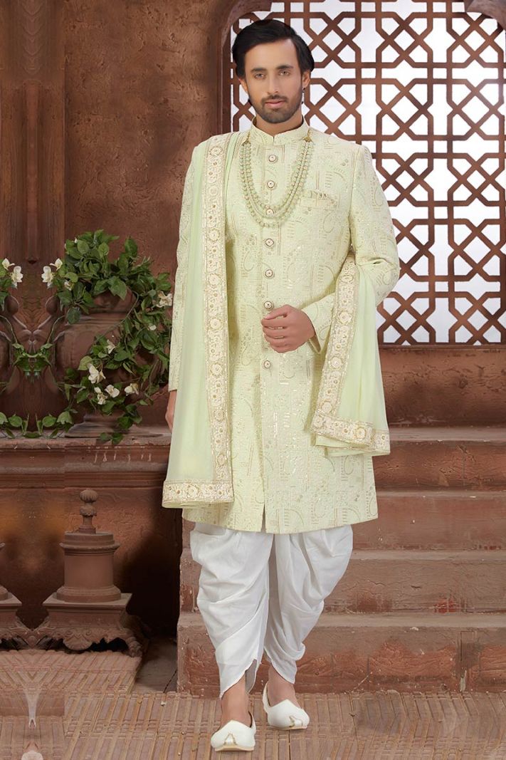Light Green Designing Art Silk Ethnic Wear Sherwani with Net Dupatta