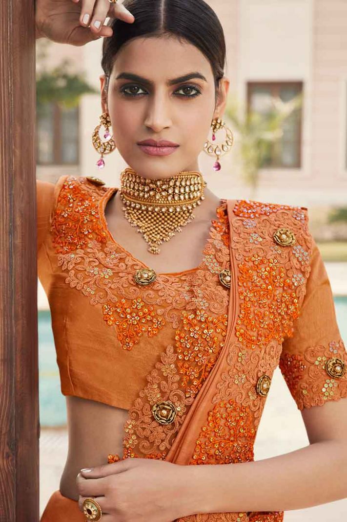 Light Orange Modal Silk Saree with Rose Silk Blouse