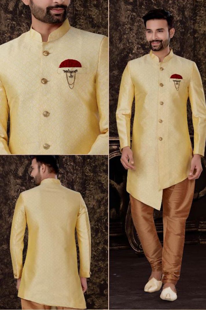 Light Yellow Semi Jacquard Kurta and Brown Art Silk Pajama For Diwali