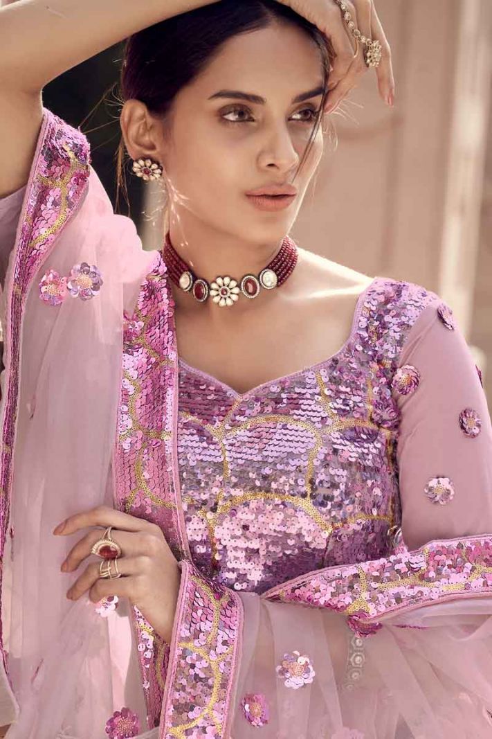 Lilac Soft Net Heavy Designer Lehenga Choli With Sequence Embroidery