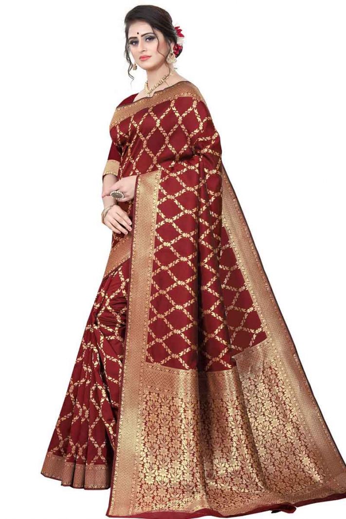 Maroon Banarasi Cotton Silk Saree with Blouse