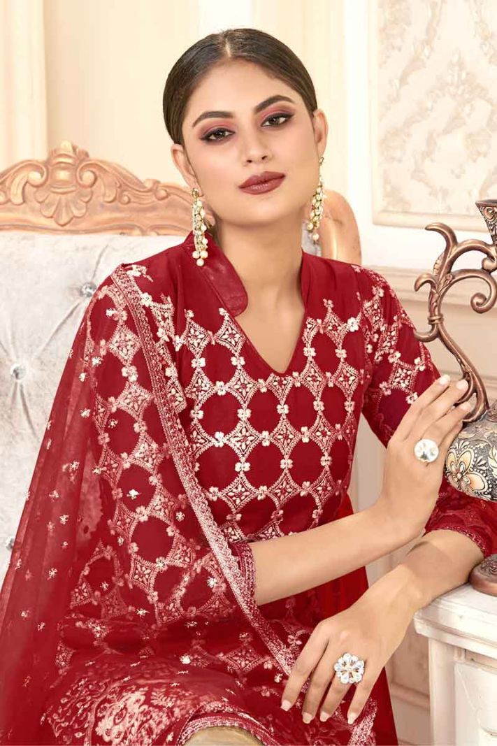 Maroon Butterfly Net Designer Straight Suit With Heavy Embroidery