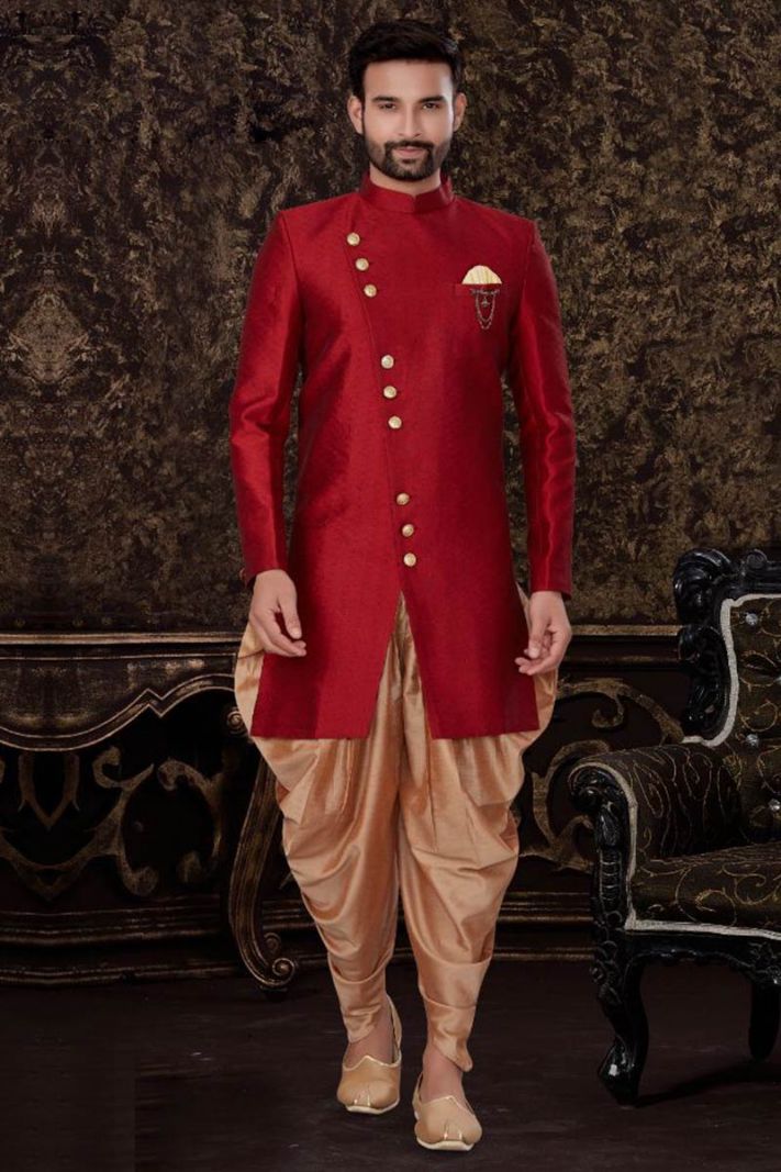 Maroon Semi Jacquard Kurta and Brown Art Silk Pajama For Diwali 