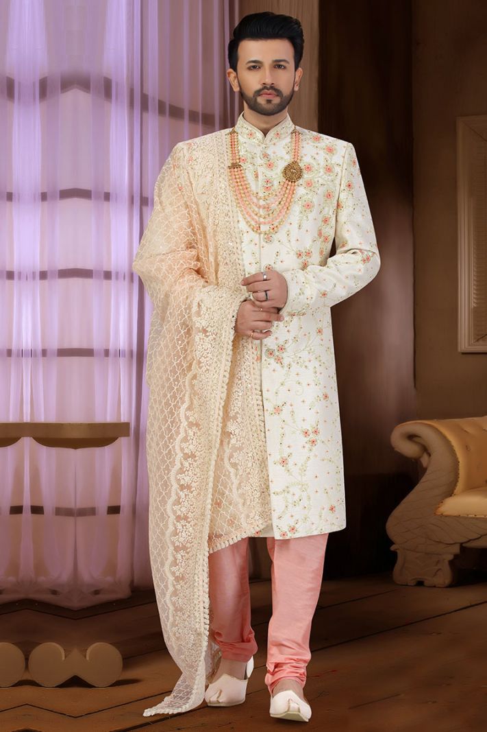 Multi Color Designing Art Silk Party Wear Sherwani with Net Dupatta