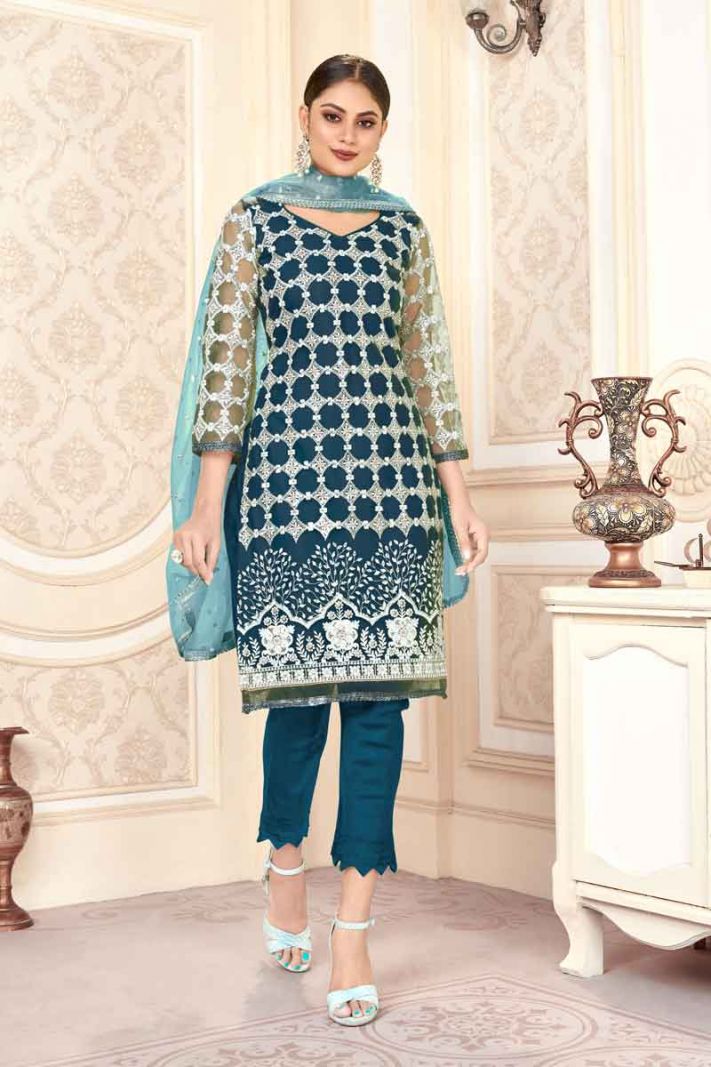 Navy Blue Butterfly Net Designer Straight Suit With Heavy Embroidery