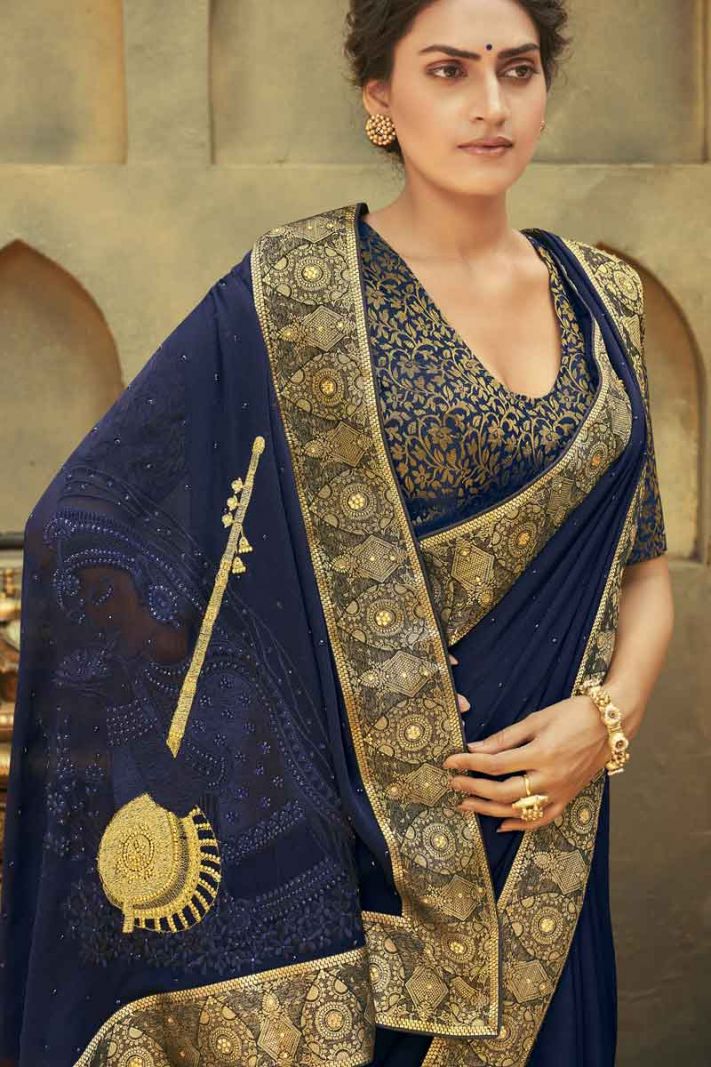 Navy Blue Chiffon Saree With Embroidery Pallu