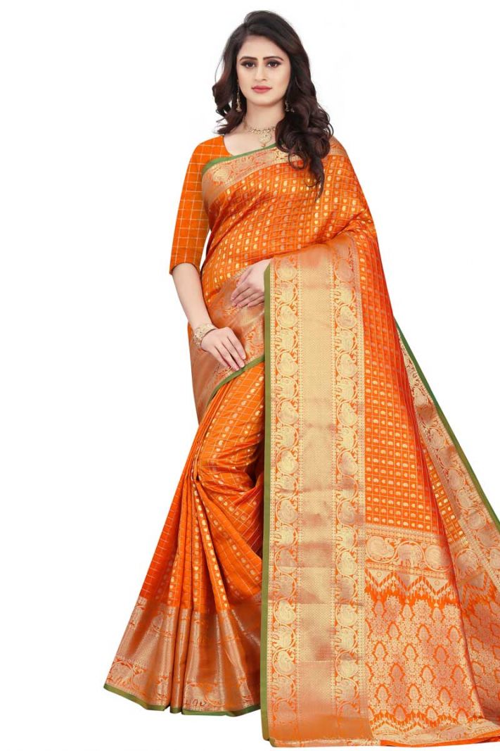 Orange Banarasi Cotton Silk Saree with Blouse