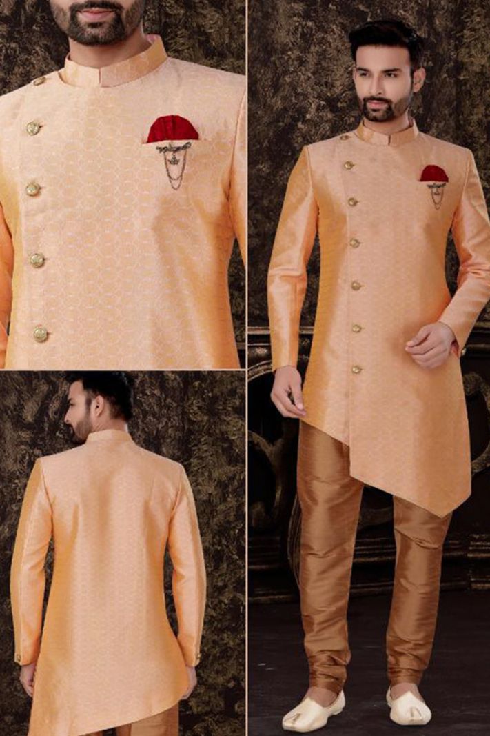 Orange Semi Jacquard Kurta and Brown Art Silk Pajama For Diwali