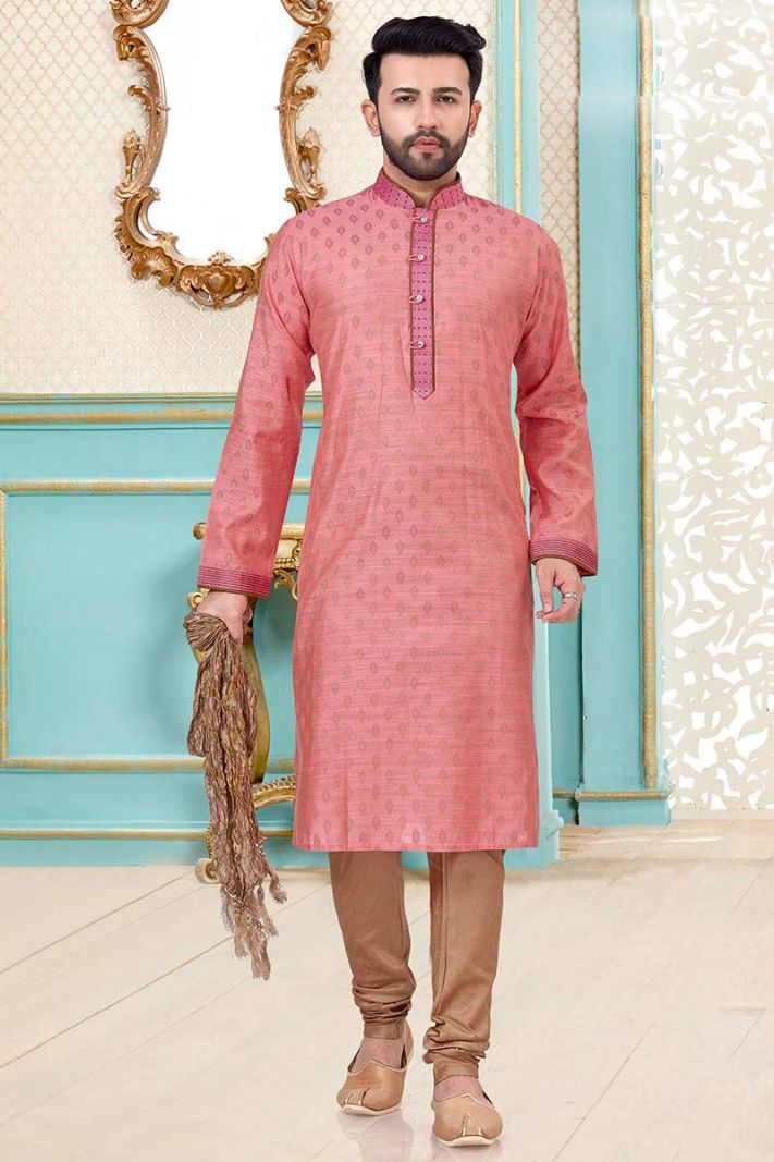 Peach Banarasi Silk Kurta and Antique Color Churidar Pajama For Diwali