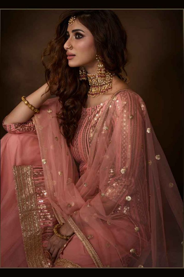 Peach Net Heavy Designer Sharara Suit With Jari Embroidery And Sequence Work