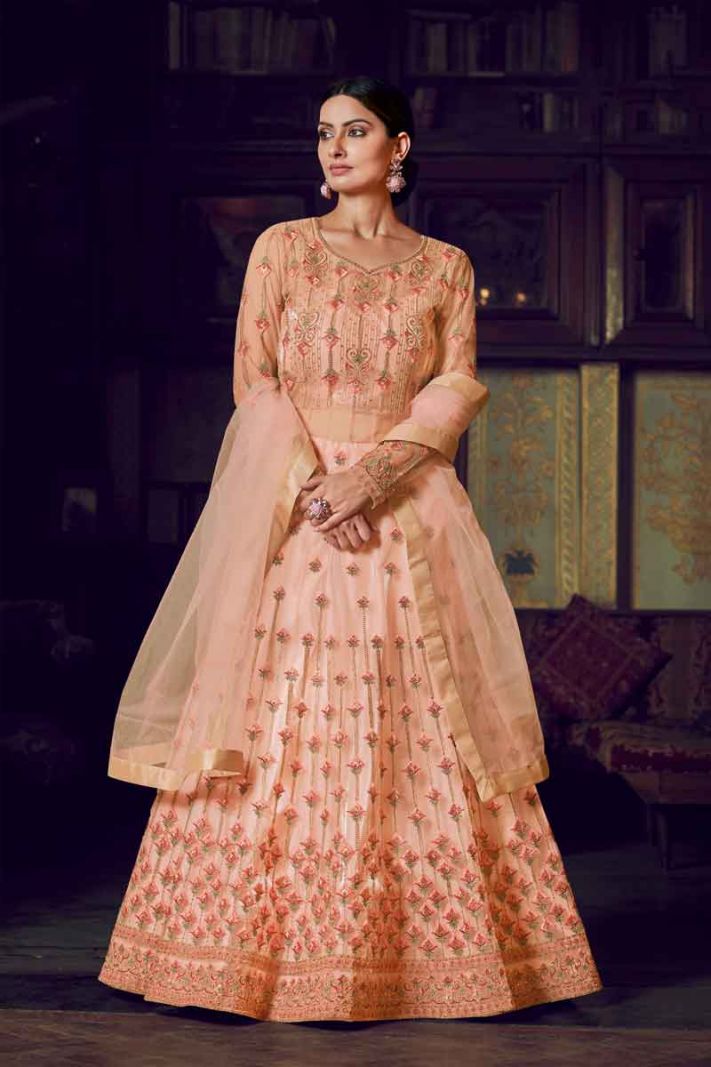 Peach Net Semi Stitched Gown With Resham And Jari Embroidery