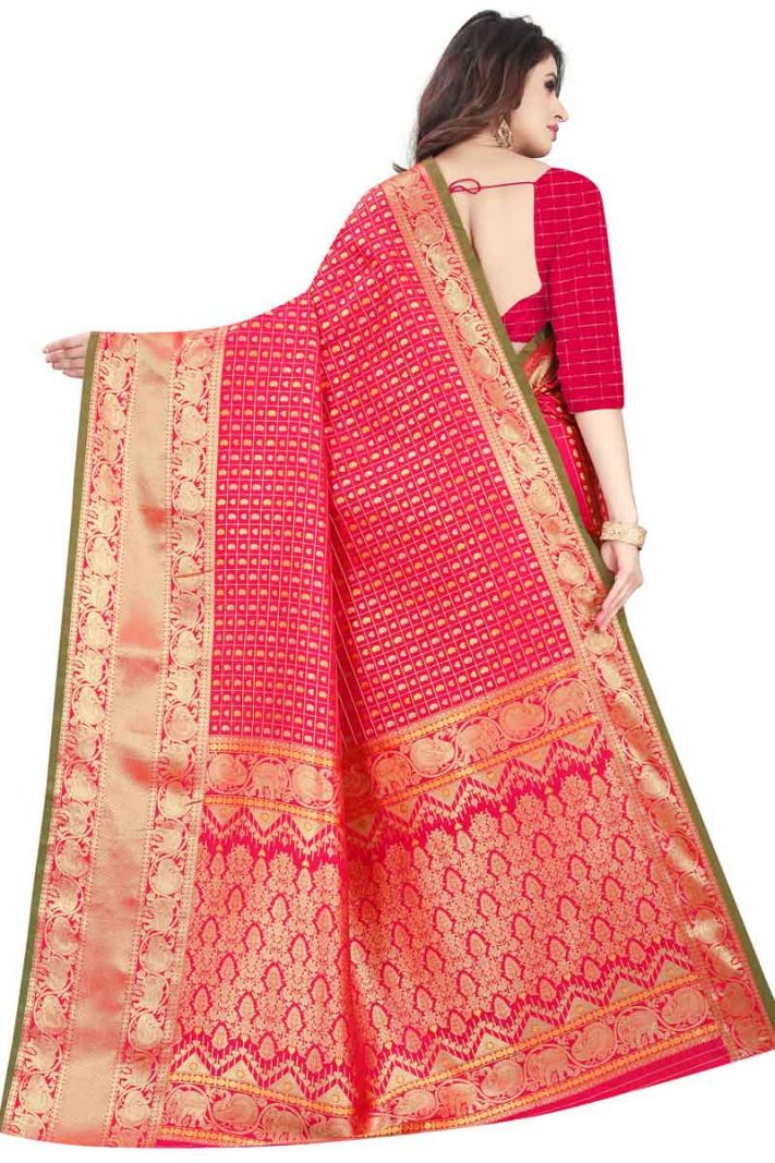 Pink Banarasi Cotton Silk Saree with Blouse