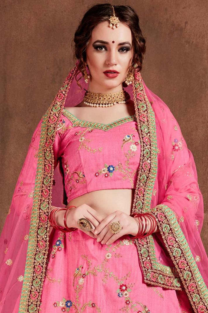 Pink Color Art Silk Lehenga Choli with Floral Design