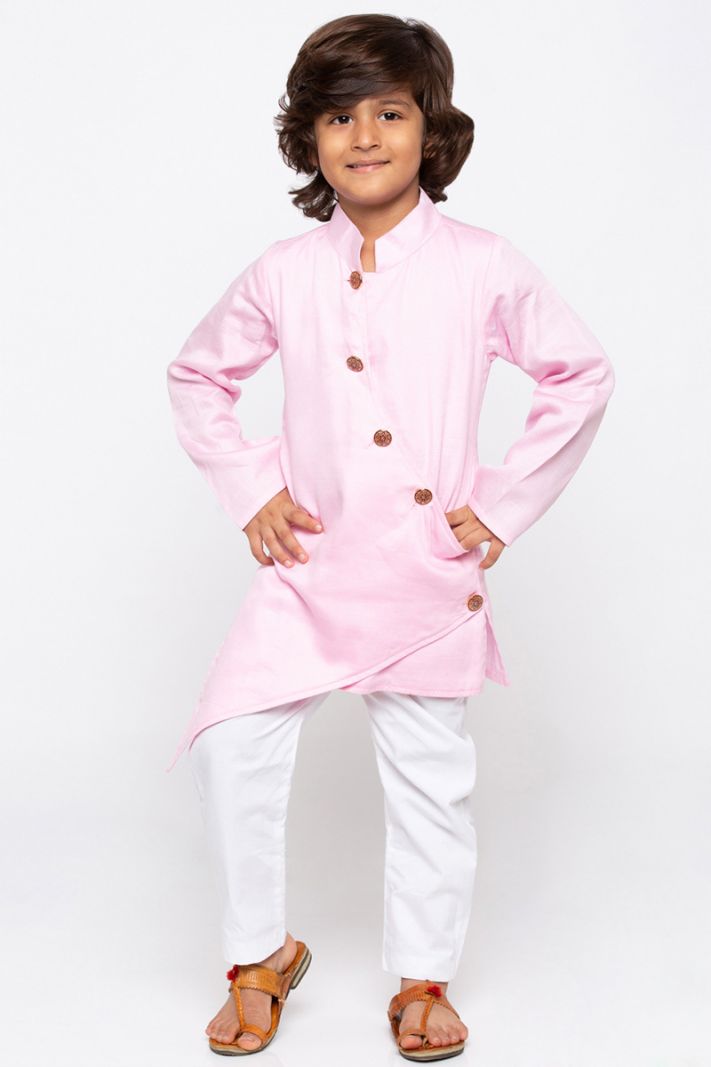Pink Cotton Silk Kurta and White Pajama For Diwali