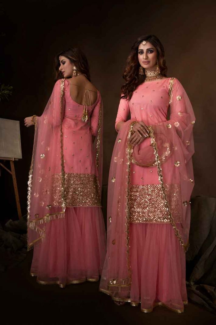 Pink Net Heavy Designer Sharara Suit With Jari Embroidery And Sequence Work