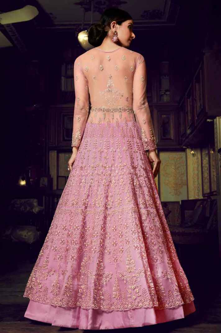 Pink Net Semi Stitched Gown With Resham And Jari Embroidery