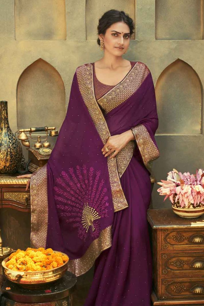 Purple Chiffon Saree With Embroidery Pallu