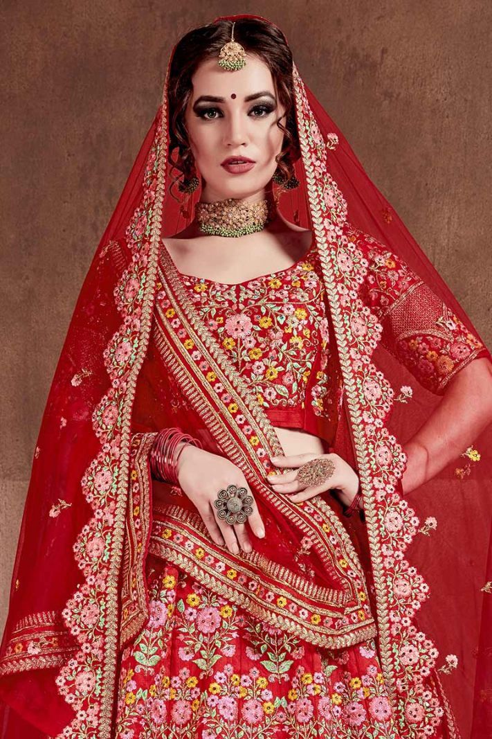 Red Art Silk Floral Designer Lehenga Choli with Soft Net Double Dupatta