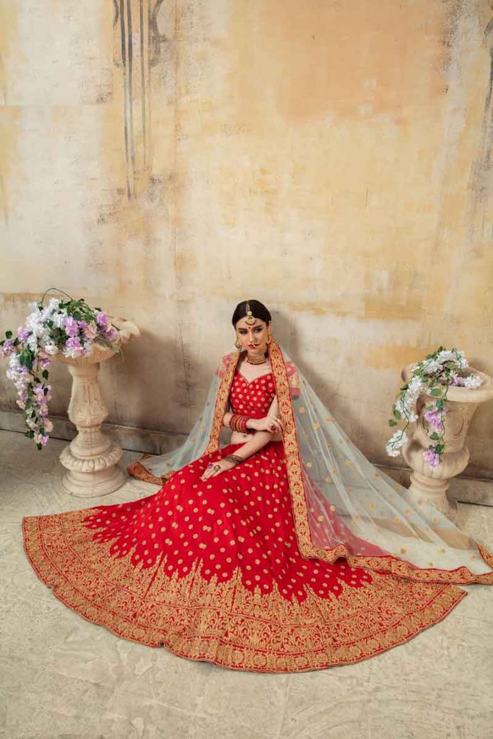 Red Art Silk Lehenga Choli With Jari Embroidery