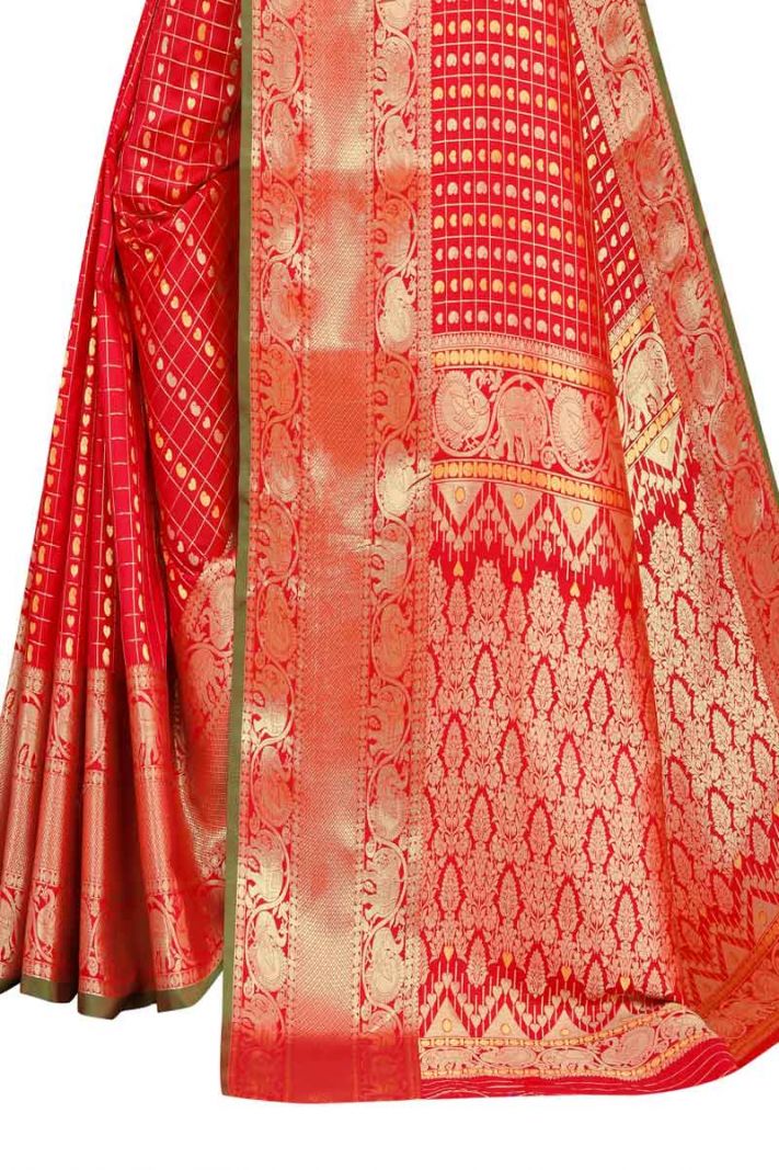 Red Banarasi Cotton Silk Saree with Blouse