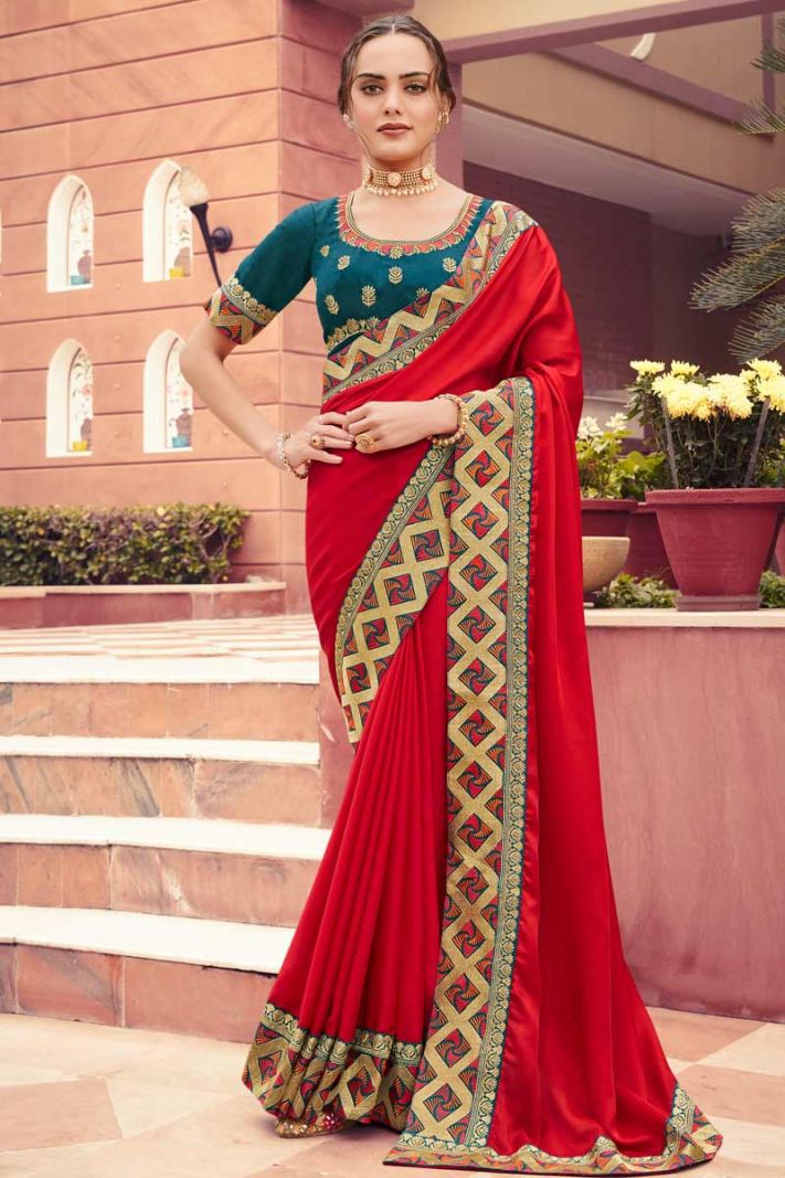 Red Barfi Silk Saree with Teal Silk Blouse