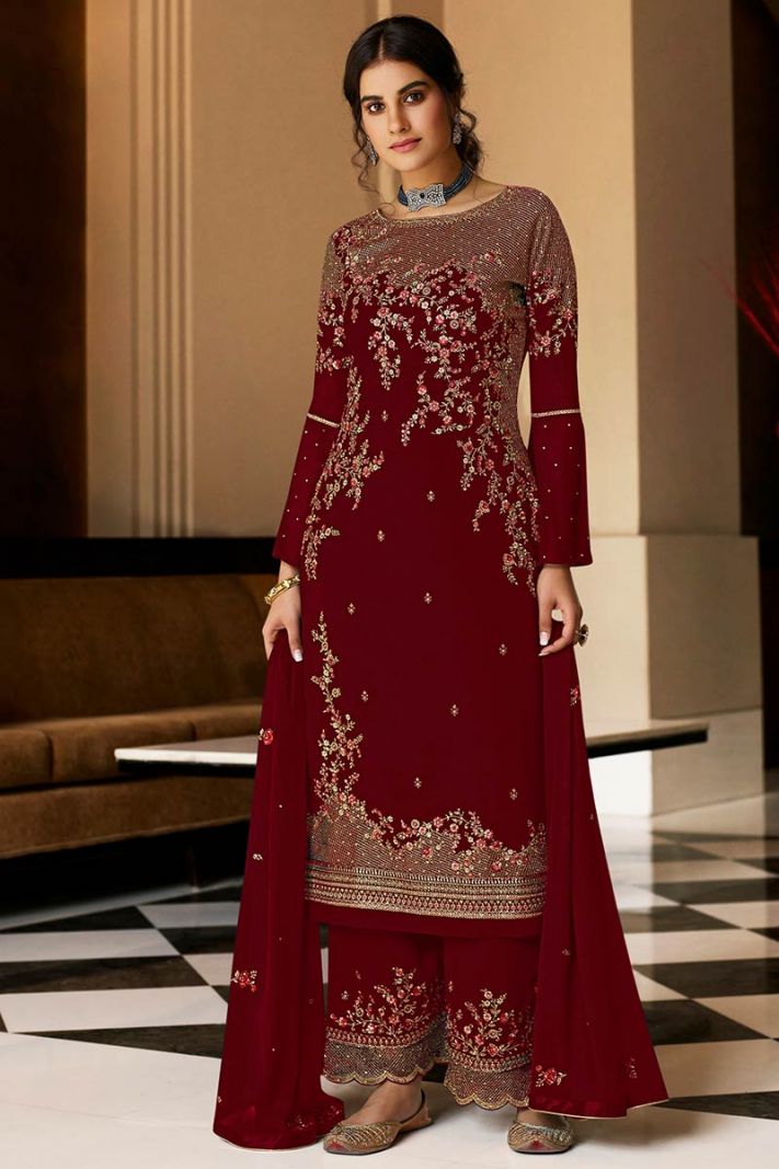 Red Faux Georgette Palazzo Suit with Zari Work