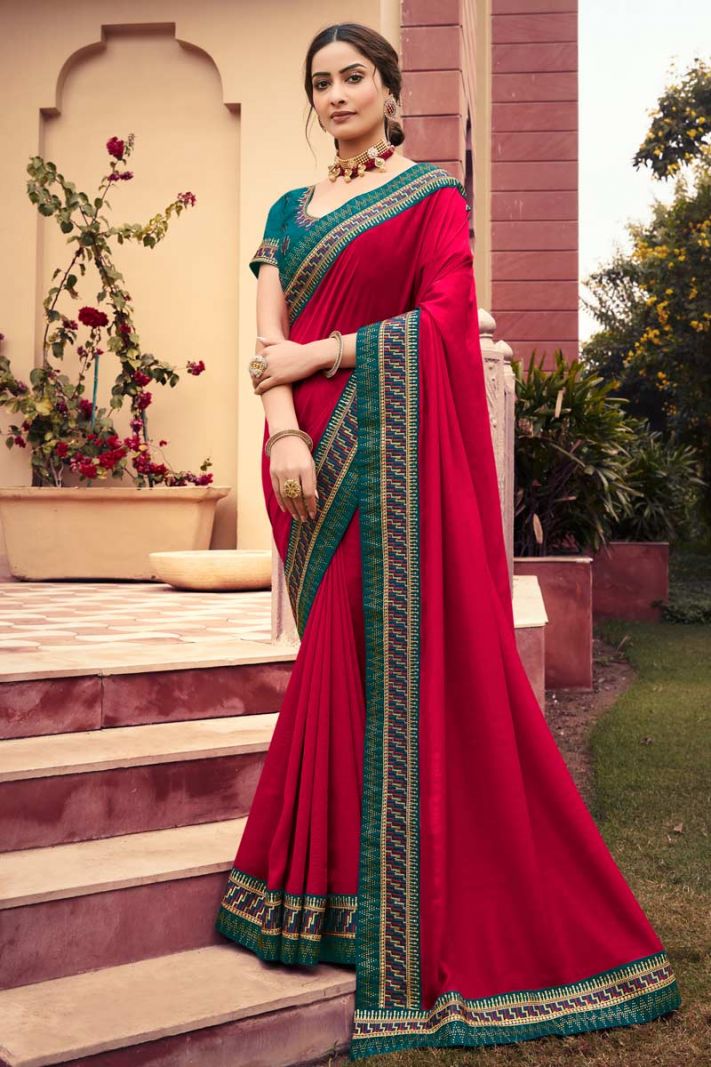 Red Kosa Silk Saree with Teal Silk Blouse