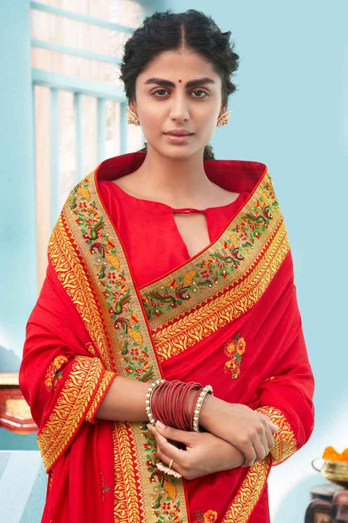 Red Silk Saree With Thread Embroidery