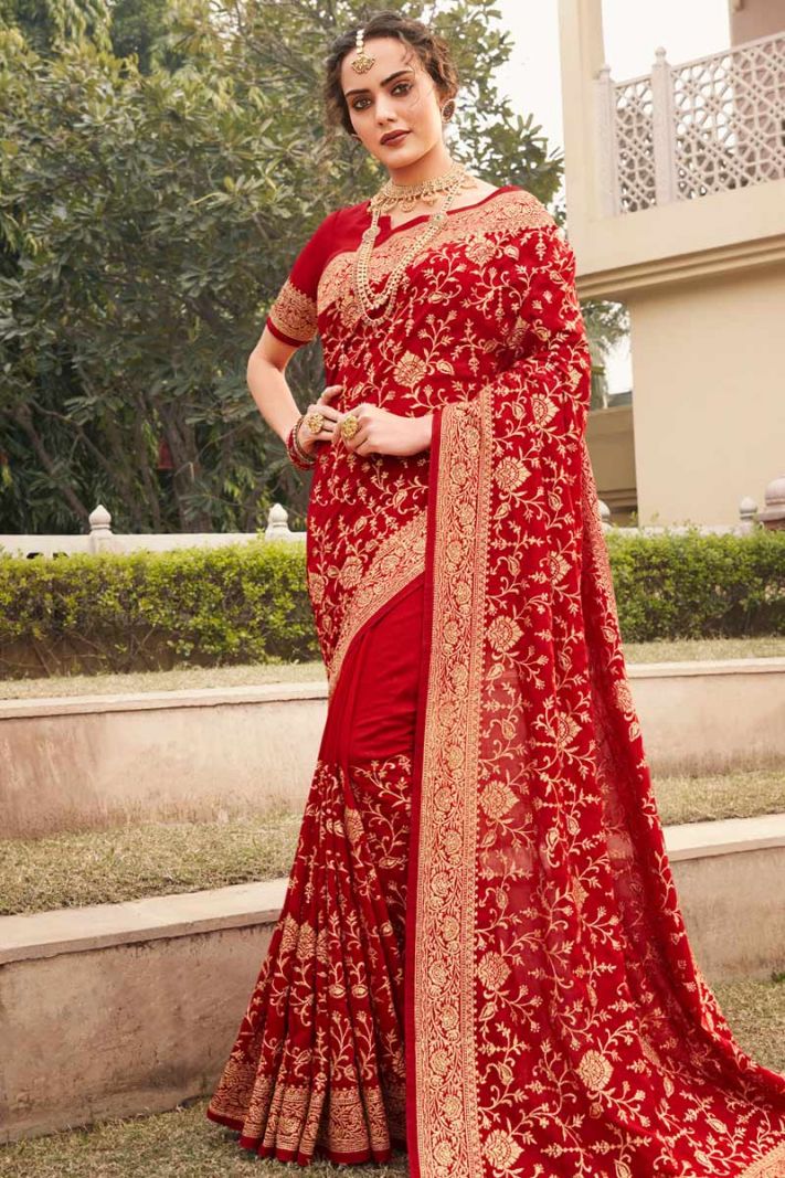 Red Vichitra Silk Saree with Heavy Zari Work