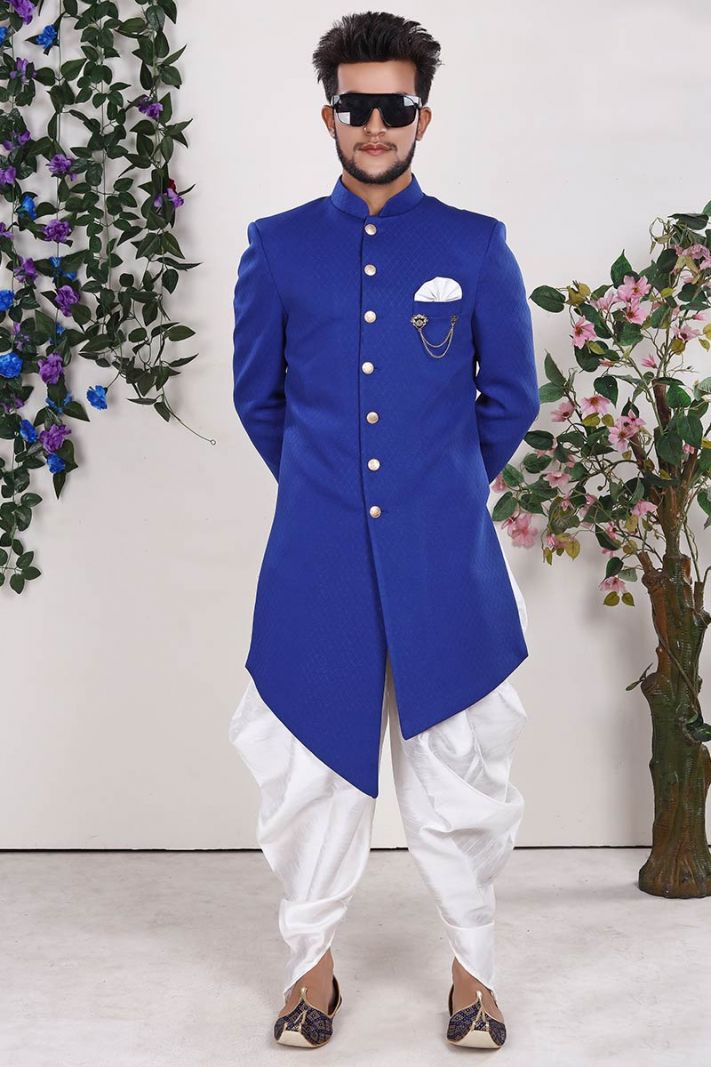 Royal Blue Imported Fabric Sherwani with Dupion Dhoti