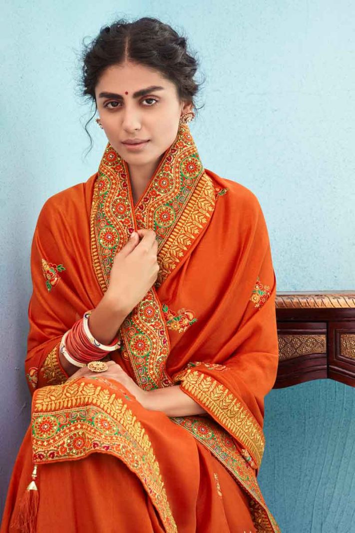 Rust Silk Saree With Thread Embroidery