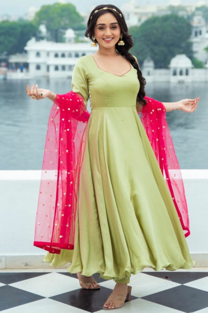 Silk Fabric Embroidered Anarkali Suit in Light Green Color